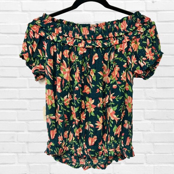 Free People Off Shoulder Crop Top Floral Blouse Suki Garden Combo Smocked XS NWT - Picture 7 of 12